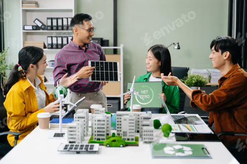 Preview: business team people planning and discussing on recycle reduce reuse policy symbol in office