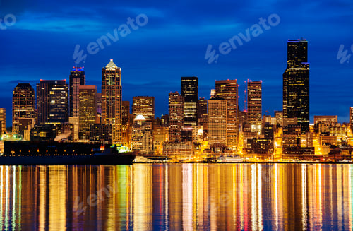 Preview: Skyline by night, Puget Sound, Seattle, USA