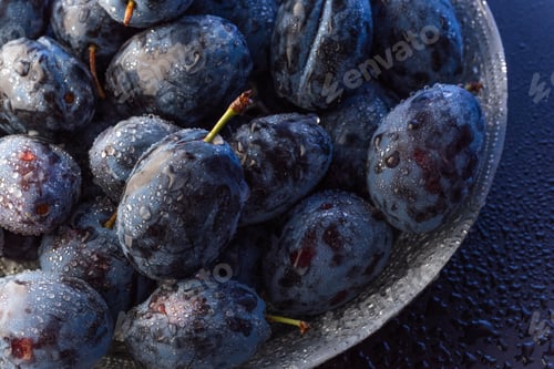 Preview: Wet Ripe Plums covered with water drops, closeup