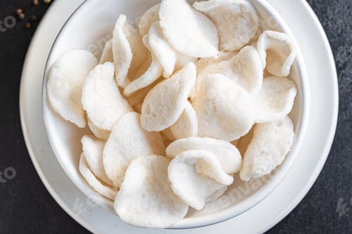 Preview: Tapioca Chips Flour Or Rice Chips Meal Snack Copy Space Food Background Rustic. Top View Keto Or