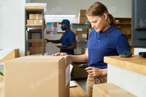 Preview: Caucasian Young Adult Woman Scanning Package While Working in Warehouse
