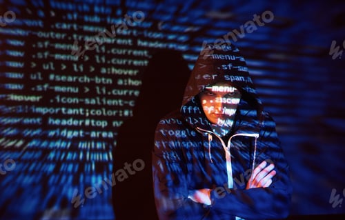 Preview: Cyber attack with unrecognizable hooded hacker using virtual reality, digital glitch effect