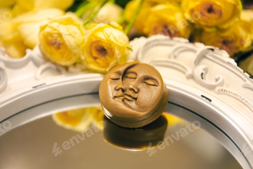 Preview: Close-up, decorative candle in the shape of the sun and moon.