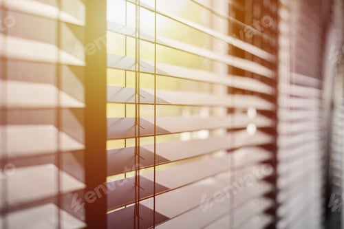 Preview: Office blinds. Modern wooden jalousie. Office meeting room lighting range control.