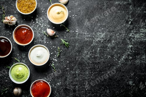 Preview: Sauces in bowls with garlic.