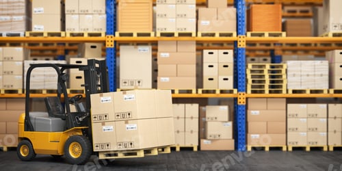 Preview: Forklift truck in storage warehouse. Fork lift lifting pallet wi