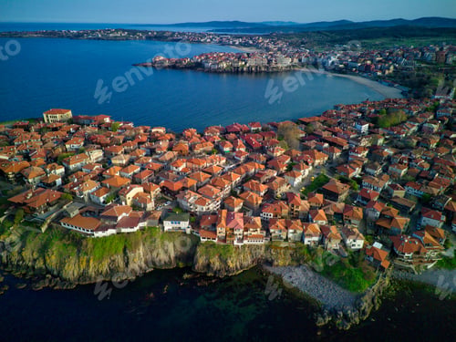 Preview: View from a height of the city of Sozopol with houses and boats near the Black Sea