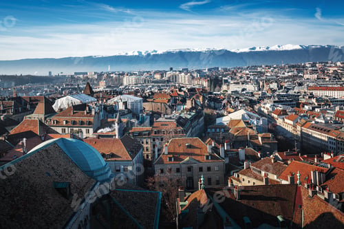 Preview: Aerial view of Geneva with Alps Mountains on background - Geneva, Switzerland