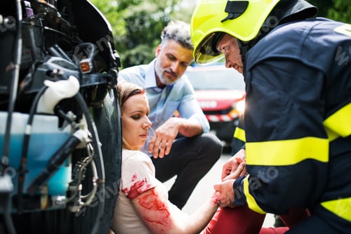 Preview: A firefighter helping a young injured woman sitting by the car on a road after an accident.