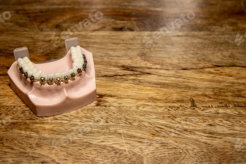 Preview: A Model Of A Set Of Teeth With Metal Braces On A Wooden Table