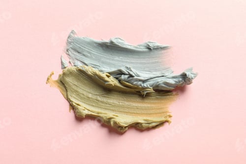 Preview: Samples of face mask on pink background, flat lay