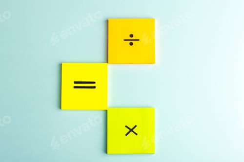 Preview: front view different signs on colorful stickers on the iced blue background math color science