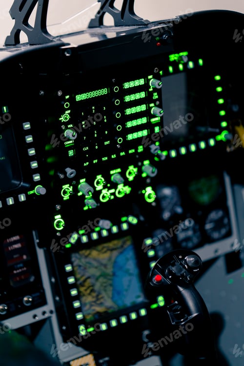 Preview: close-up of the cockpit of plane with many buttons on the control panel of airplane flight simulator