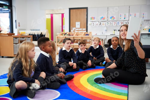 Preview: Female teacher holding up a book in front of her class of elementary schoolchildren