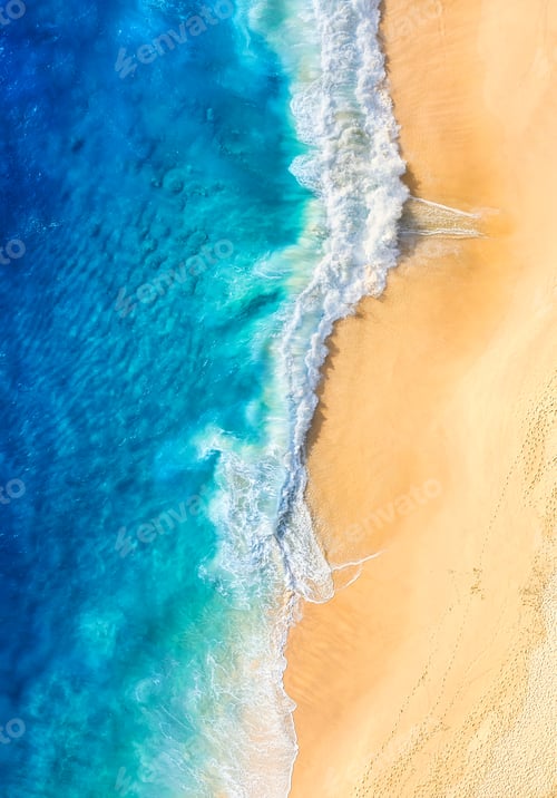Preview: Beach and waves as a background from top view. Blue water background from drone.