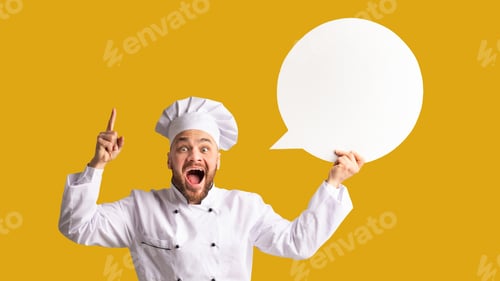 Preview: Chef Man Holding Speech Bubble Standing On Black Background, Panorama