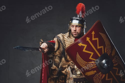 Vista previa: Roman general with shield pointing his sword