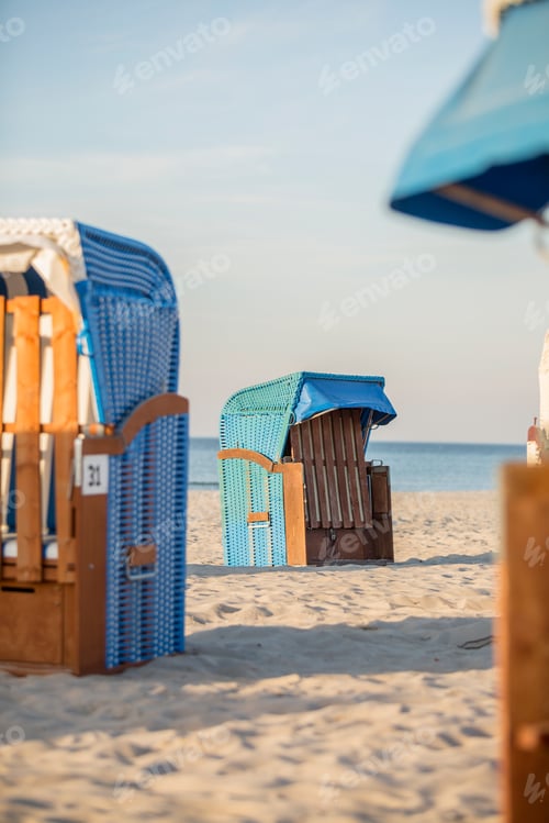 Preview: Germany, Mecklenburg-Western Pomerania, Warnemuende, beach with hooded beach chairs