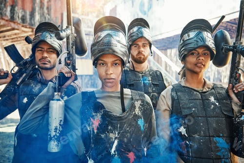Preview: Paintball, focus and portrait of team or people ready for a battle and teamwork or collaboration to