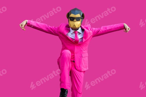Preview: Man with funny low poly mask on colored background