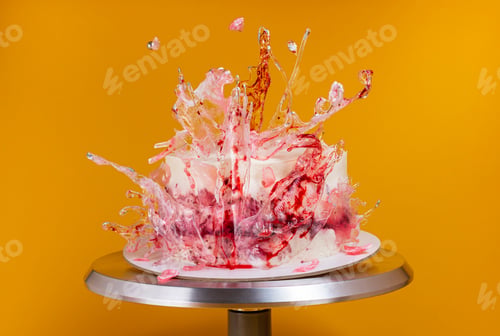 Preview: Contemporary Cake decorated transparent with silver drops red caramel on bright yellow background