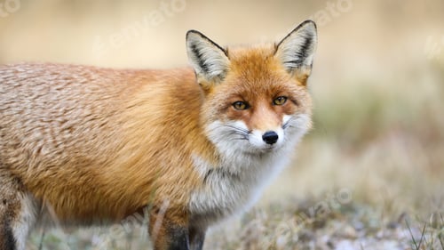 Preview: Calm red fox standing on meadow in winter nature