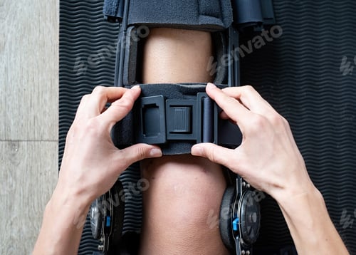 Preview: Female buckling knee orthosis or knee support brace after surgery on leg
