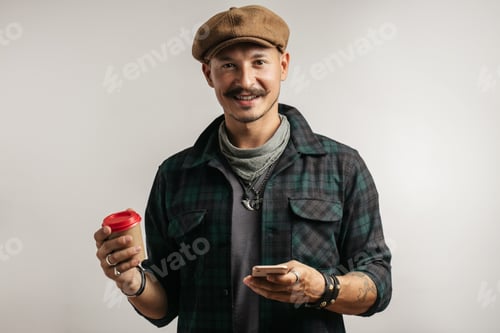 Preview: Leather Craftsman using smart phone and holding cup of coffee indoors