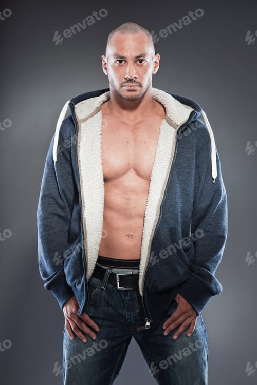 Preview: Muscled Fitness Man. Cool Looking. Tough Guy. Brown Eyes. Bald. Wearing Blue Hood Shirt. Tanned