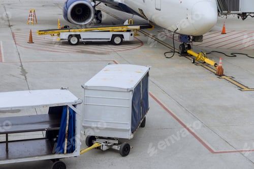 Preview: Freight trolleys on the runway of cargo to the commercial airplane.