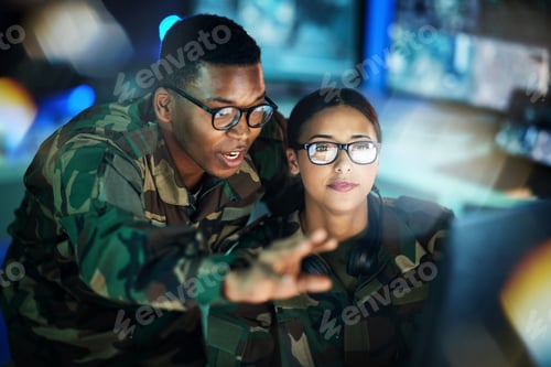 Preview: Night surveillance, army and people with a computer for communication, planning strategy or teamwor