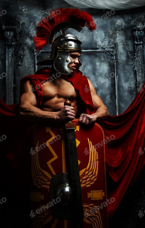 Preview: Roman good shaped warrior holds sword and schield