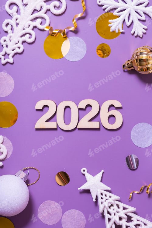 Visualização: Decorações comemorativas para o próximo Ano Novo de 2026 com ornamentos festivos e confetes
