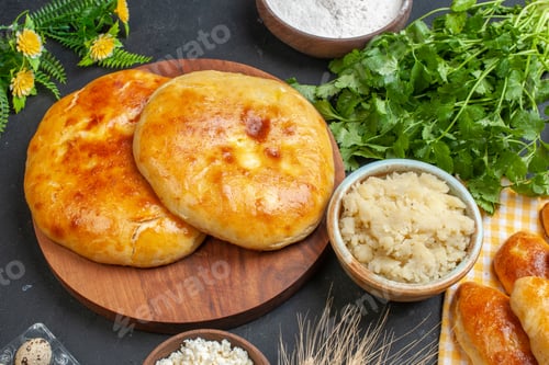 Preview: Front view of fresh delicious pastries eggs green flour in a brown pot on blackground