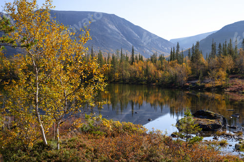 Preview: The autumn forest is reflected in the lake against the background of the mountains
