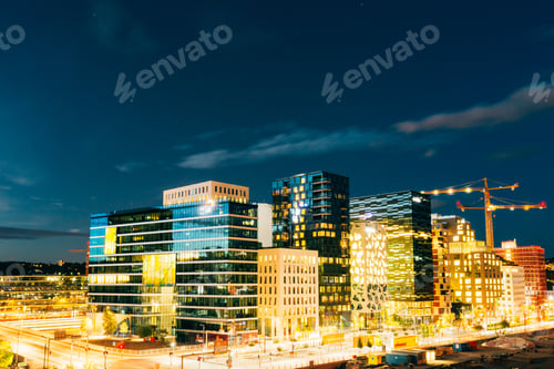 Preview: Oslo Norway. Night Panoramic View Of Contemporary District Of Hi