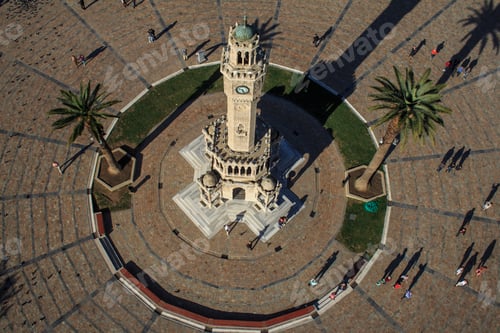 Preview: Konak Square street view with old clock tower (Saat Kulesi) at sunset. Turkey, izmir