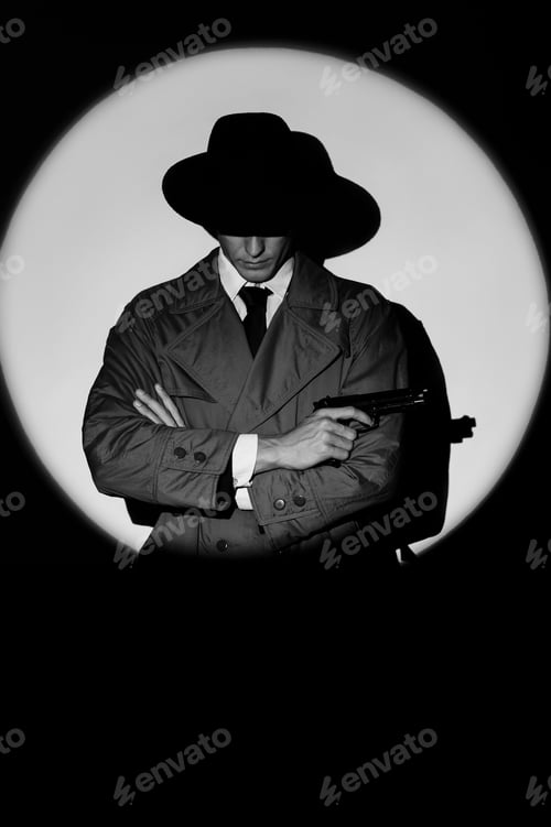 Preview: A dark silhouette of a male detective in a coat and hat with a gun in his hands in the noir style.