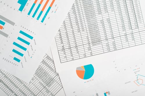 Preview: Business graphs and charts, financial reports and accounts on the desktop, top view