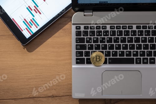 Preview: bitcoin money left on laptop. coins and graphics.