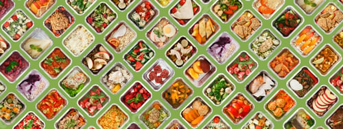 Preview: Diverse Prepared Tasty Meals In Foil Containers Flat Lay Over Green Background