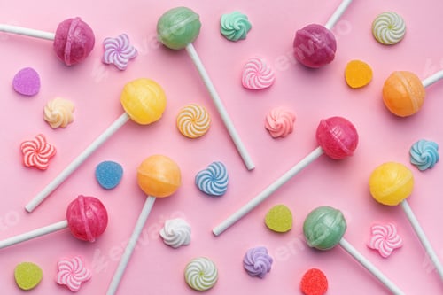 Preview: Sweet lollipops and candies on pink background