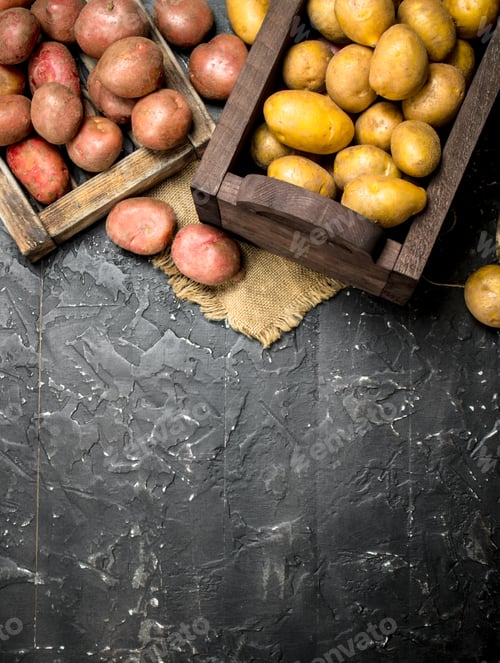Preview: Red potatoes on tray and yellow potatoes in box.
