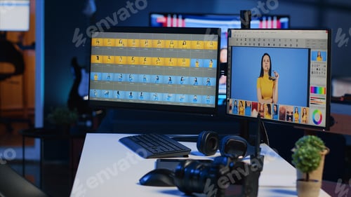 Preview: Freelancer studio desk with computer screens used for photo processing, graphic tablet and camera