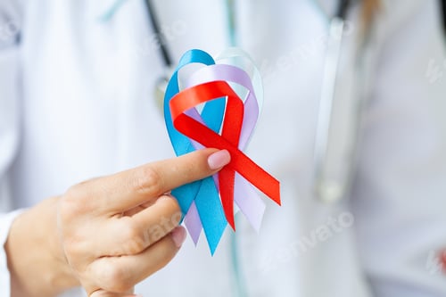 Preview: Female doctor holds colored ribbons symbolize awareness of various diseases