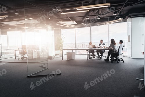 Preview: Creative business people working on project in modern office with panoramic view