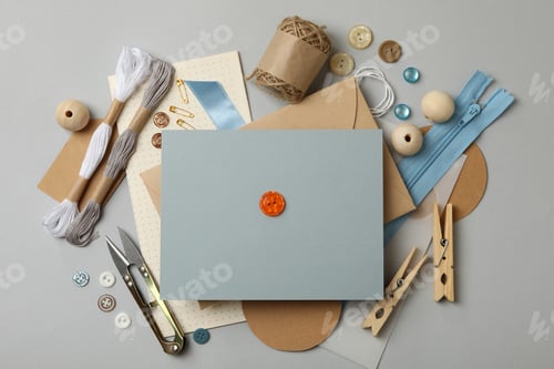 Preview: Sewing supplies on gray background, top view
