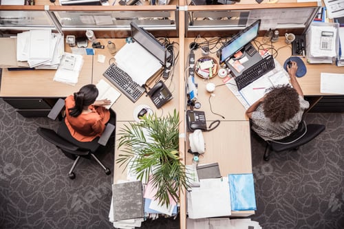 Preview: Overhead view of two businesswomen at office desk