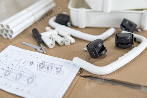 Preview: Plastic shelf parts before assembly, assembling home appliances.