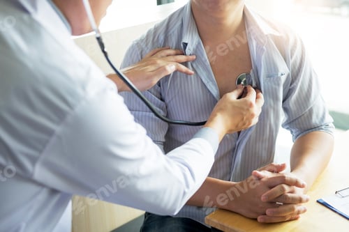 Preview: doctor is checking on patient's chest uses stethoscope to listen patient heart rate